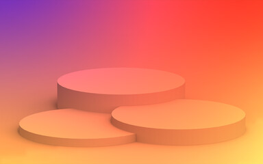 3d yellow orange and purple neon light cylinder podium minimal studio gradient colors background. Abstract 3d geometric shape object illustration render. Display for summer holiday product.