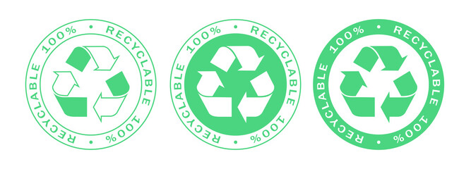 Recyclable on 100% label stamps icon set. Recyclable and biodegradable packaging logo signs isolated on white background. Vector illustration