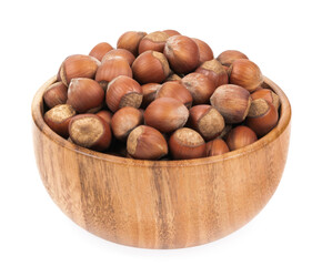 Unpeeled hazelnuts in a cup isolated on white background. hazelnuts in shell