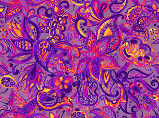 Paisley watercolor floral pattern tile:  flowers, flores, tulips, leaves. Oriental indian traditional hand painted water color whimsical seamless print, ceramic design. Abstract india batik background