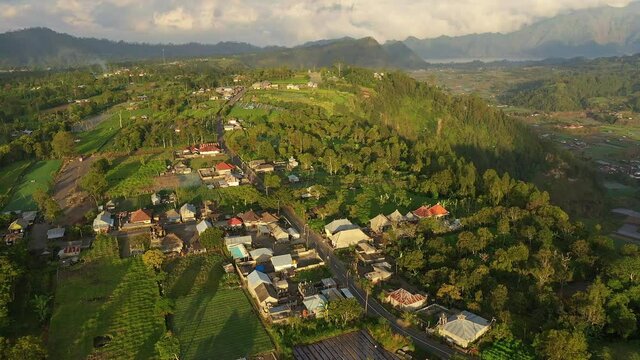 Aerial drone footage of the farms on the top of the Batur volcano caldera in Kintamani, Bali, Indonesia. The aera is famous for vegetables farming with its colder climate. 