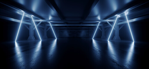 Cyber Parking Alien Spaceship Virtual Neon Sign Glowing Lasers Glowing Vibrant Blue Cement Basement Warehouse Tunnel Corridor Dark  Showroom Club Retro 3D Rendering
