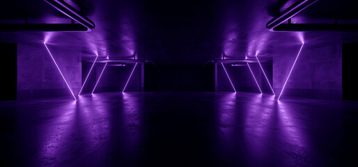 Neon Warehouse Sci Fi Futuristic Grunge Blue Violet Cyber Glowing Laser Electric Concrete Stage Showroom Corridor Club Dark Tunnel Realistic Background Beams 3D Rendering