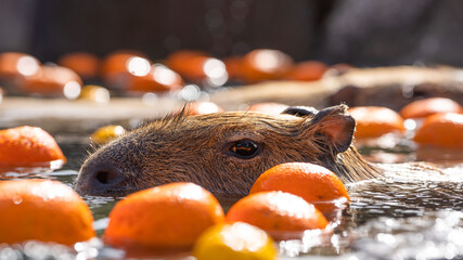 Capybara in the bath in Japan - obrazy, fototapety, plakaty