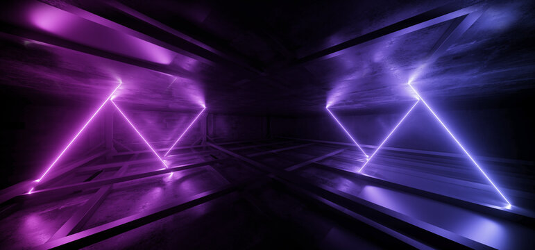 Cyber Parking Alien Spaceship Virtual Neon Sign Glowing Lasers Glowing Vibrant Blue Purple Cement Basement Warehouse Tunnel Corridor Dark Showroom Club Retro 3D Rendering © IM_VISUALS