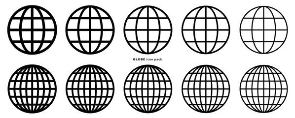 Globe icon set. Web globe flat linear icons. Silhouette of the globe with meridians. Vector elements.