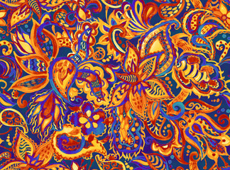 Paisley watercolor floral pattern tile:  flowers, flores, tulips, leaves. Oriental indian traditional hand painted water color whimsical seamless print, ceramic design. Abstract india batik background