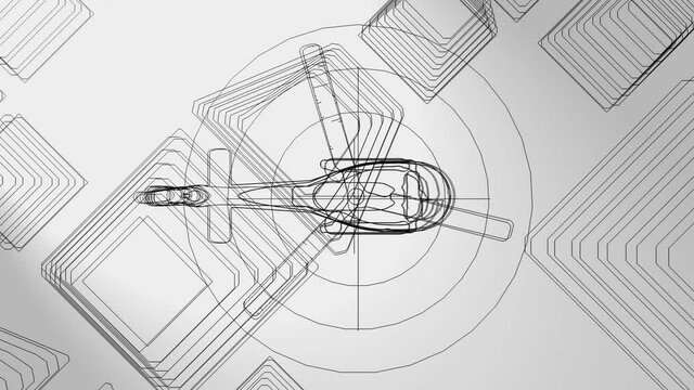 3d animation, an helicopter flying above many rectangles shapes ( lines art )