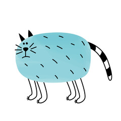 Cool oval cute funny comic cartoon kawaii blue fat cat with striped tail. Abstract minimalist logo, emblem, label, character, mascot. For business, company, firm, production, shop, advertising, design