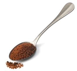 brown sugar in the metal spoon, isolated on white background