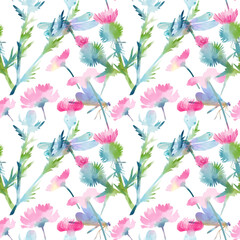 Seamless pattern with watercolor painted thistle flowers, wild pink flowers and dragonfly. can be used for textile design, fashion design, wrapping paper.