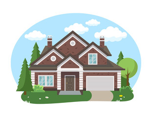 Naklejka premium Cartoon house exterior with blue clouded sky Front Home Architecture Concept Flat Design Style. Vector illustration of Facade Building