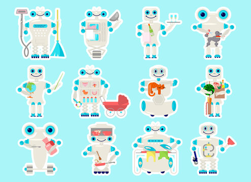 Cute sticky labels decorated with robot assistant