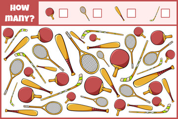 Educational mathematical game. Count the number of sport equipment. Count how many 
sport equipment. Counting game for children.