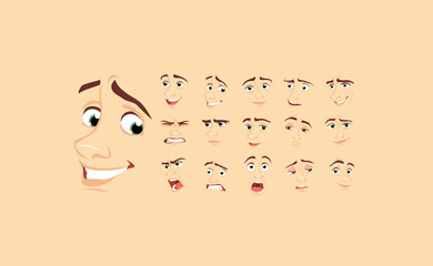 Male abstract cartoon face expression variations, emotions collection set #1, vector illustration