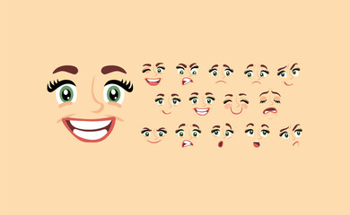 Female abstract cartoon face expression variations, emotions collection set, vector illustration