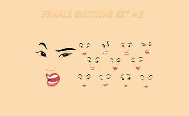 Asian female abstract cartoon face expression variations, emotions collection set #5, vector illustration