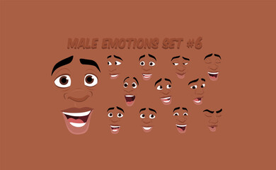 African American Male abstract cartoon face expression variations, emotions collection set #6, vector illustration