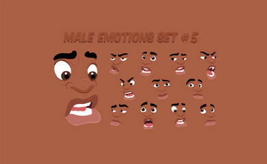 African American Male abstract cartoon face expression variations, emotions collection set #5, vector illustration