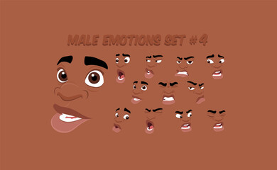 African American Male abstract cartoon face expression variations, emotions collection set #4, vector illustration