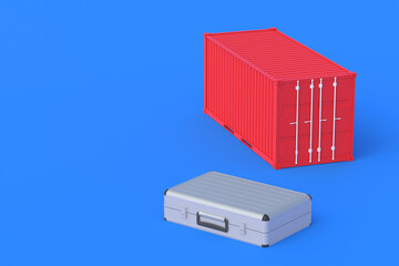 Suitcase near standardized container. Investing in a freight transport company. International transportation. Embargo, a ban on the purchase of goods. Customs clearance. Copy space. 3d render