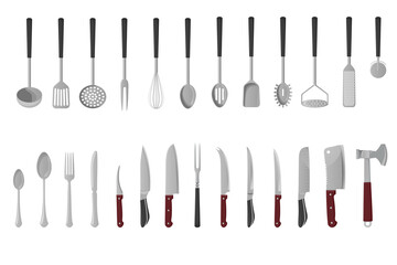 Kitchen utensils on white back set