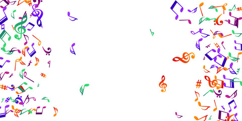 Music notes flying vector illustration. Melody recording signs placer. Classic music wallpaper. Grunge notes flying signs with flat. Party flyer graphic design.