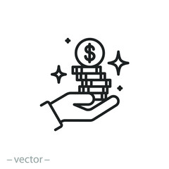 coins on hand icon, finance investment, save money concept, cash payment, gold income, save customer price, cost, thin line symbol on white background - editable stroke vector eps10