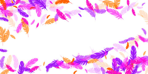Obraz na płótnie Canvas Orange purple red feather floating vector background. Flying bird plumage illustration. Weightless soft plumage, feather floating silhouettes. Macro graphic design. Bright boa hackle.