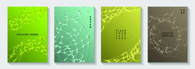 Biotechnology and neuroscience vector covers with neuron cells structure. Marble curve lines rete backgrounds. Flat title page vector layouts. Scientific biotechnology covers.