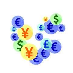 Euro dollar pound yen round signs flying money vector design. Payment concept. Currency tokens british, japanese, european, american money exchange signs graphic design.