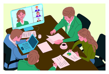 people in office, online conference