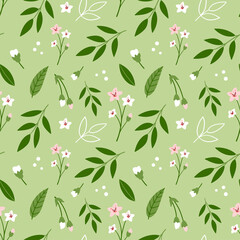 Spring seamless vector pattern with sakura flowers and leaves on green background