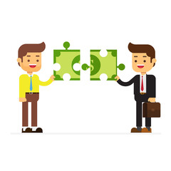 Two business man holding puzzle block money