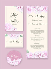 Wedding watercolor floral invitation, thank you, reply, menu, rsvp with gently watercolor flowers peony.