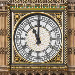 The clock face of Elizabeth Tower at the Houses of Parliament, Westminster, London, England, UK