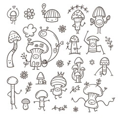 Set with cute cartoon mushrooms. Funny characters collection. Doodle plant poster.