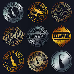 Delaware, USA Business Metal Stamps. Gold Made In Product Seal. National Logo Icon. Symbol Design Insignia Country.