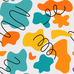 Seamless pattern with bright summer colored organic hand draw shapes doodles. Cute geometric abstract background with irregular stains blot. Vector backdrop, textile, packaging design