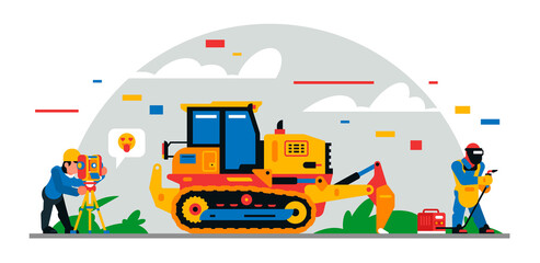 Construction equipment and workers at the site. Colorful background of geometric shapes and clouds. Builders, construction equipment, service personnel, bulldozer, welder,surveyor.Vector illustration