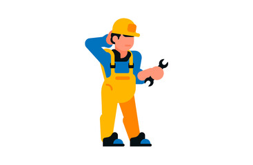 Thoughtful worker holding a wrench in his hands. Builder and wrench. Vector illustration isolated on white background