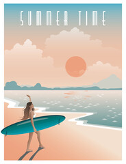 Summer poster. A girl with a surfboard at sunset looks at the bay. Active summer in nature, healthy lifestyle and sports. Vector cartoon flat illustration. Summer time.