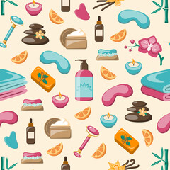 Seamless pattern  with the elements of home spa, beauty, relaxation, beauty treatments. Vector illustration.