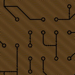 stylized computer circuit boards shapes patterns and designs black point to point connections ın black on a gold coloured motherboard in halftone style