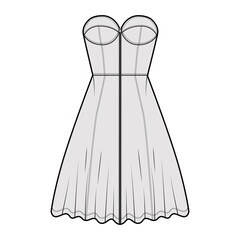 Zip-up dress bustier denim technical fashion illustration with sleeveless, strapless, fitted body, knee length A-line skirt. Flat apparel front, grey color style. Women, men unisex CAD mockup