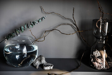 modern beautiful dark interior, room gray color, wardrobe shelves unusual gloomy decor table fabric cloth, dried flowers, vases with water, moss, branches, unusual style, halloween