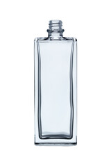 Empty glass perfume bottle rectangular shape. Isolated on a white background