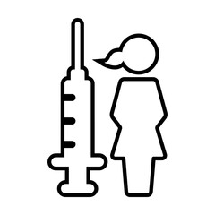 Vaccination icon vector with vaccine injection syringe female person symbol for virus protection in a glyph pictogram illustration