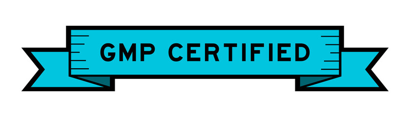 Vintage blue color ribbon banner with word GMP (Good manufacuturing practice) certified on white background