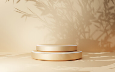 Gold podium color 3D background with geometric shapes, pedestal on two floors Curved wall the platform for product presentation minimal, copy space, rendering